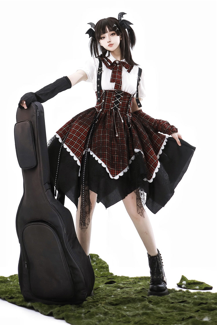 Black/Red [Soul Mantra] Plaid Print Irregular Sweet Lolita Strap Dress - Product - 8