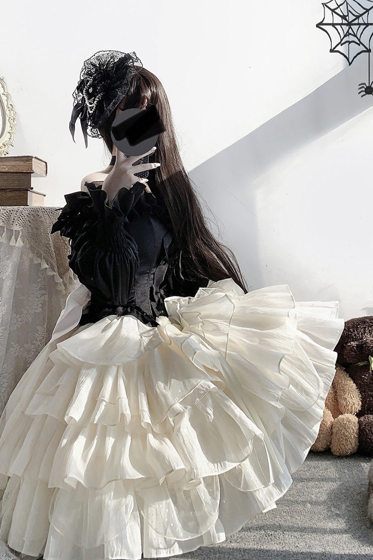 Black Top and Apricot Bowknot Sweet Princess Lolita Layered Skirt Dress - Product - 9