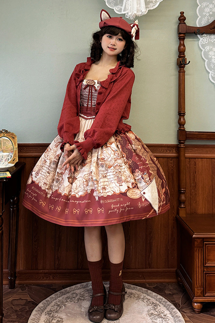 Wine Red [Fox Band] Print Square Collar Bowknot Classic Lolita Jumper Dress - Product - 12