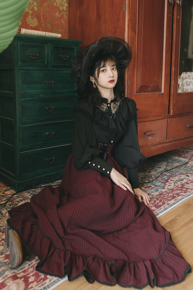 Black/Red Long Sleeves High Waisted Printed Lace Gothic Vintage Lolita Long Skirt Dress Set - Product - 7