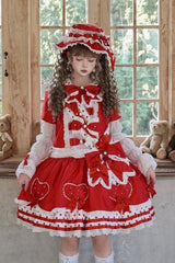 Red Round Collar Long Sleeves Multi-Layered Bow Sweet Lolita Dress Set - Red(Set) - 1
