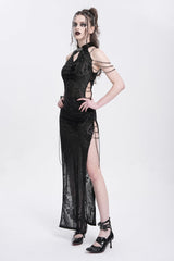 Black Halterneck Sleeveless Cheongsam Collar Side Slit Embroidery Women's Gothic Dress - Product - 3