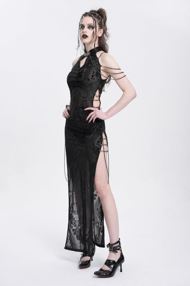 Black Halterneck Sleeveless Cheongsam Collar Side Slit Embroidery Women's Gothic Dress - Product - 3