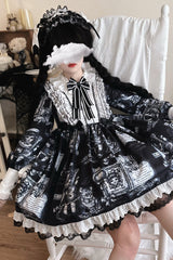 Black [Antique Cat] Print Long Sleeves Ruffle Bowknot Gothic Princess Lolita Dress - Product - 4