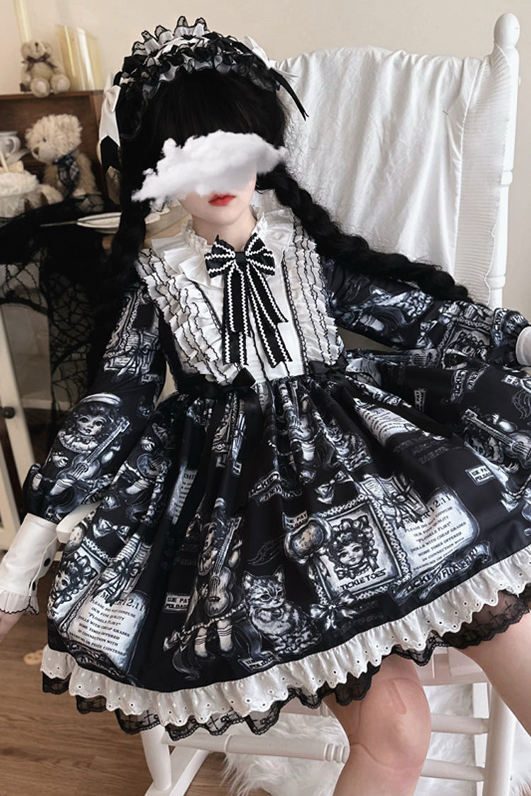 Black [Antique Cat] Print Long Sleeves Ruffle Bowknot Gothic Princess Lolita Dress - Product - 4