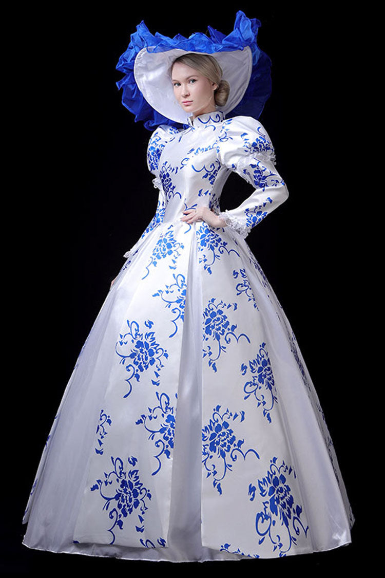 Blue/White Porcelain Printing Stand Collar High Waisted Victorian Lolita Prom Dress - Product - 2