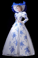 Blue/White Porcelain Printing Stand Collar High Waisted Victorian Lolita Prom Dress - Product - 2