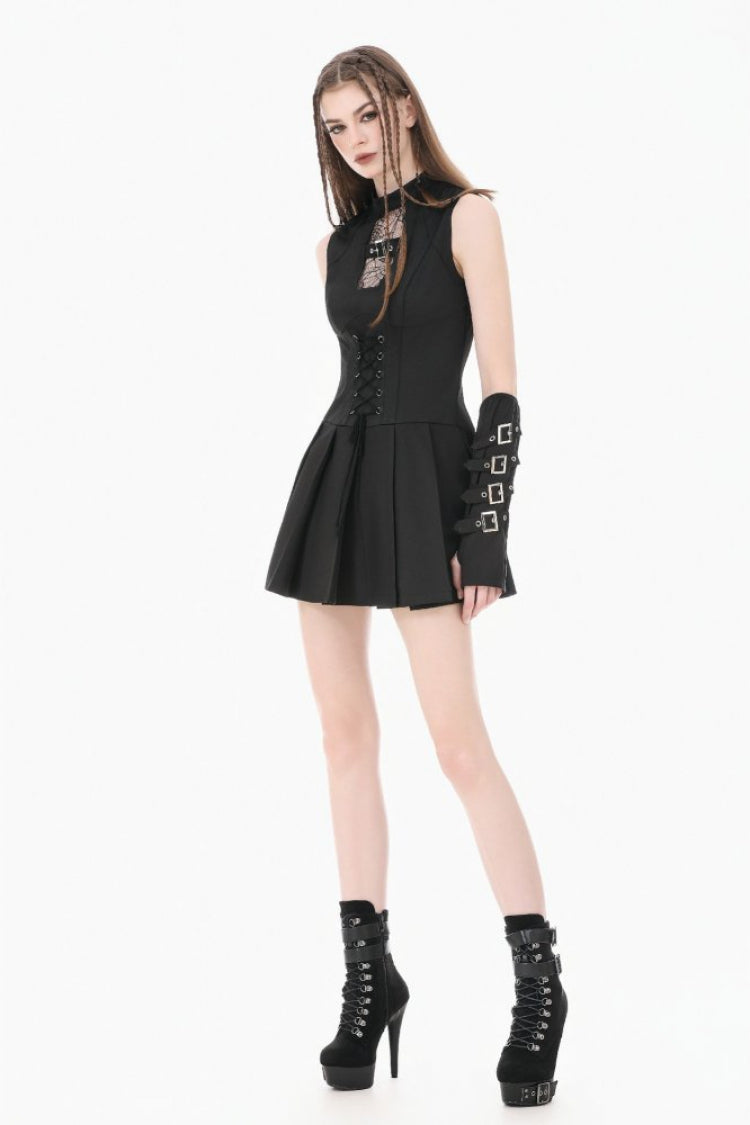 Black Sleeveless Cut-Out Cobweb Sheer Mesh Lace-Up Women's Punk Mini Dress - Product - 9
