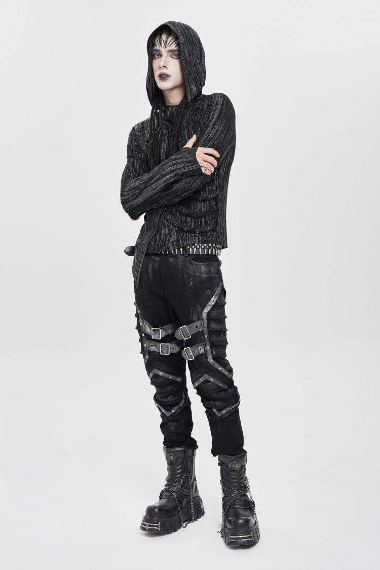 Black Buckle Straps Pleated Men's Punk Pants - Product - 8