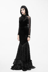 Black High Collar Front Chest Rose Decals Mesh Long Sleeve Rose Embossed Velvet Women's Gothic T-Shirt - Product - 4
