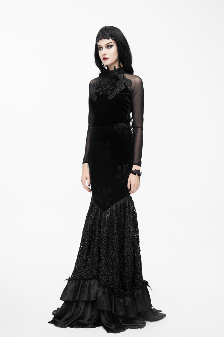 Black High Collar Front Chest Rose Decals Mesh Long Sleeve Rose Embossed Velvet Women's Gothic T-Shirt - Product - 4