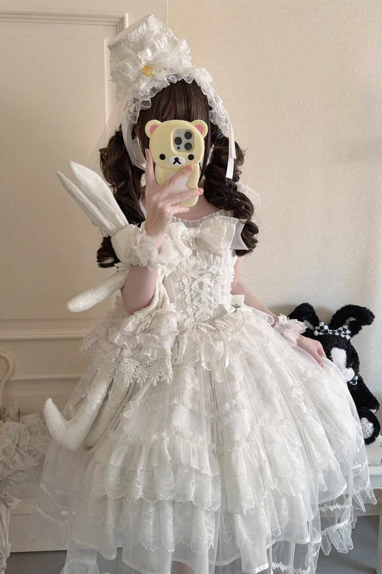 White [Eternal Vow] Sleeveless Multi-Layered Ruffle Hanayome Bowknot Lace Lace-Up Sweet Lolita Jsk Dress - Product - 2