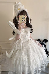 White [Eternal Vow] Sleeveless Multi-Layered Ruffle Hanayome Bowknot Lace Lace-Up Sweet Lolita Jsk Dress - Product - 2