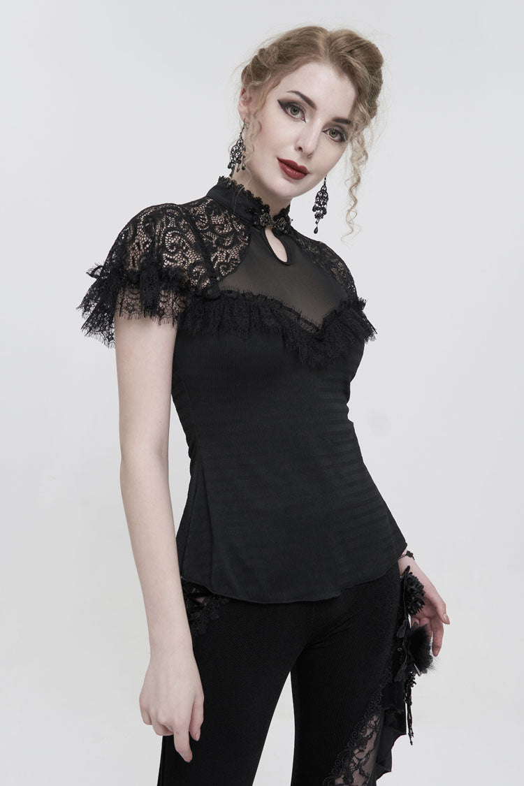 Black Chinese Style V-Neck Nail Drill Chest Stitching Mesh Raglan Sleeves Gothic Cheongsam Style Women's Slim T-Shirt - Product - 2