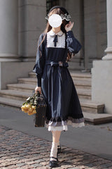 Dark Blue [Phyllis] Plaid Print Ruffle Bowknot Lace Vintage Elegant Lolita Dress - Product - 9