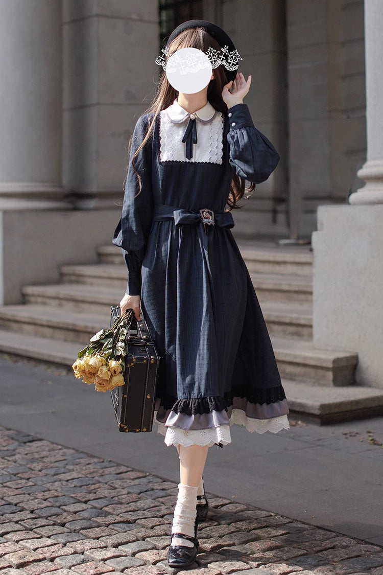 Dark Blue [Phyllis] Plaid Print Ruffle Bowknot Lace Vintage Elegant Lolita Dress - Product - 9