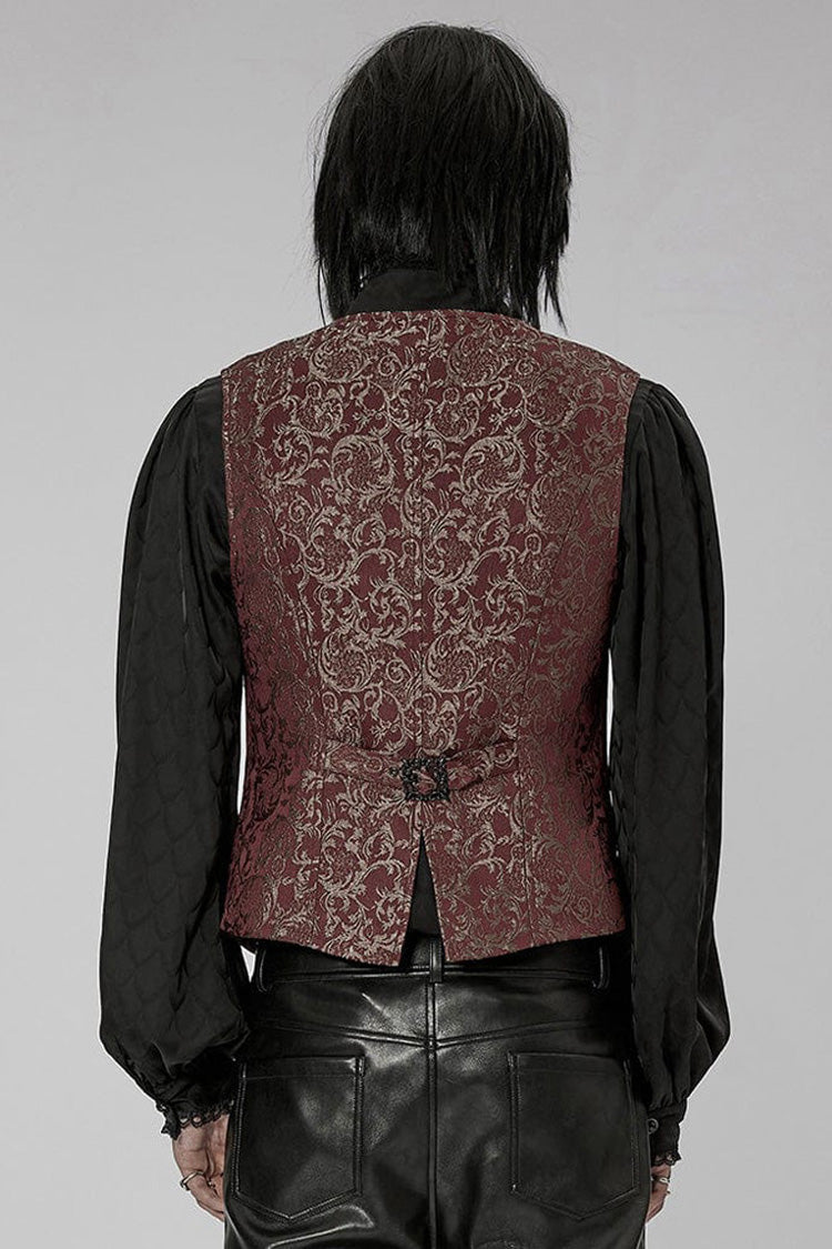 Red Punk Gorgeous V Neck Asymmetrical Relief Sculpture Jacquard Double Row Hand Seam Button Men's Vest - Product - 3