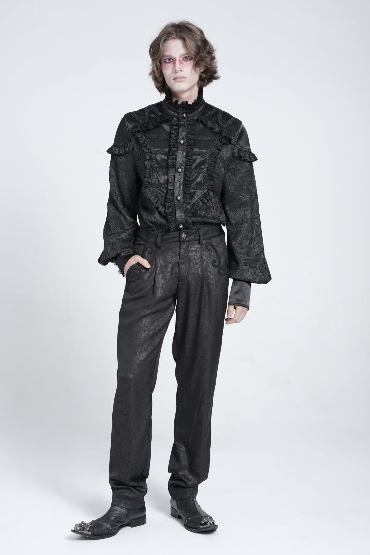 Black Floral Print Embroidery Men's Gothic Suit Pants - Product - 11
