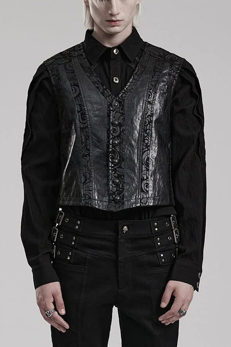 Black V Collar Sleeveless Exquisitely Carved Floral Print Faux Leather Mens Gothic Vest - Black - 1