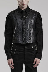 Black V Collar Sleeveless Exquisitely Carved Floral Print Faux Leather Mens Gothic Vest - Black - 1