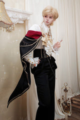 Black/White [Oath Knight] Lapel Collar Long Sleeves Ruffled Embroidered Gothic Ouji Lolita Set - Product - 9
