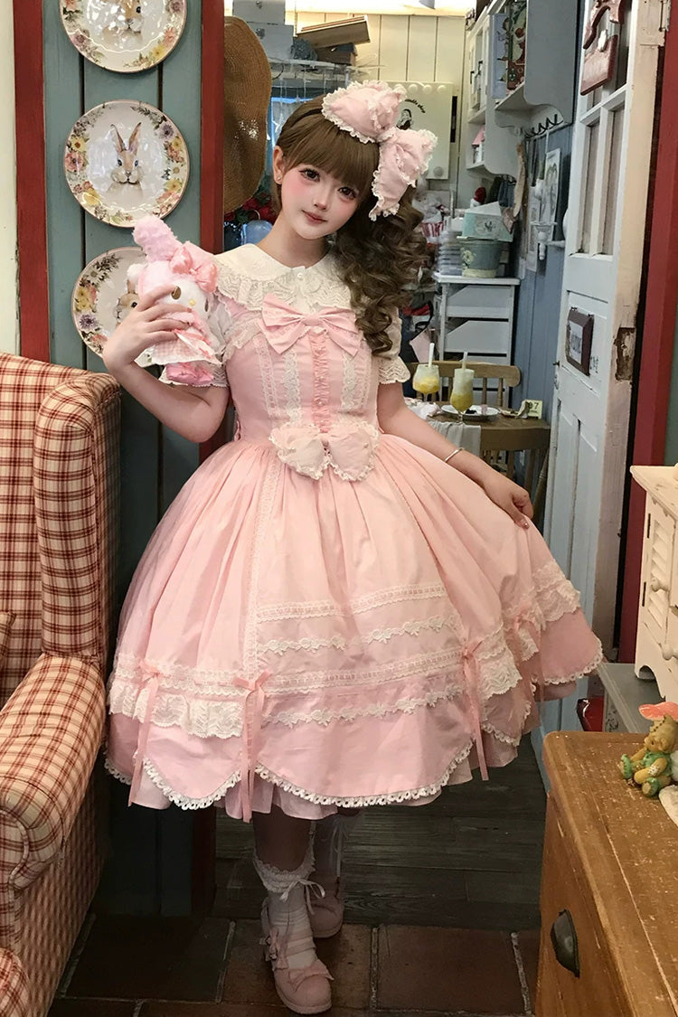 Pink [Petal Bunny] Cotton Sleeveless Ruffled Bow Lace Sweet Elegant Lolita Jsk Dress - Product - 3