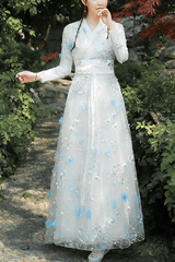 Floral Embroidery Long Sleeved Sweet Hanfu Dress - White - 1