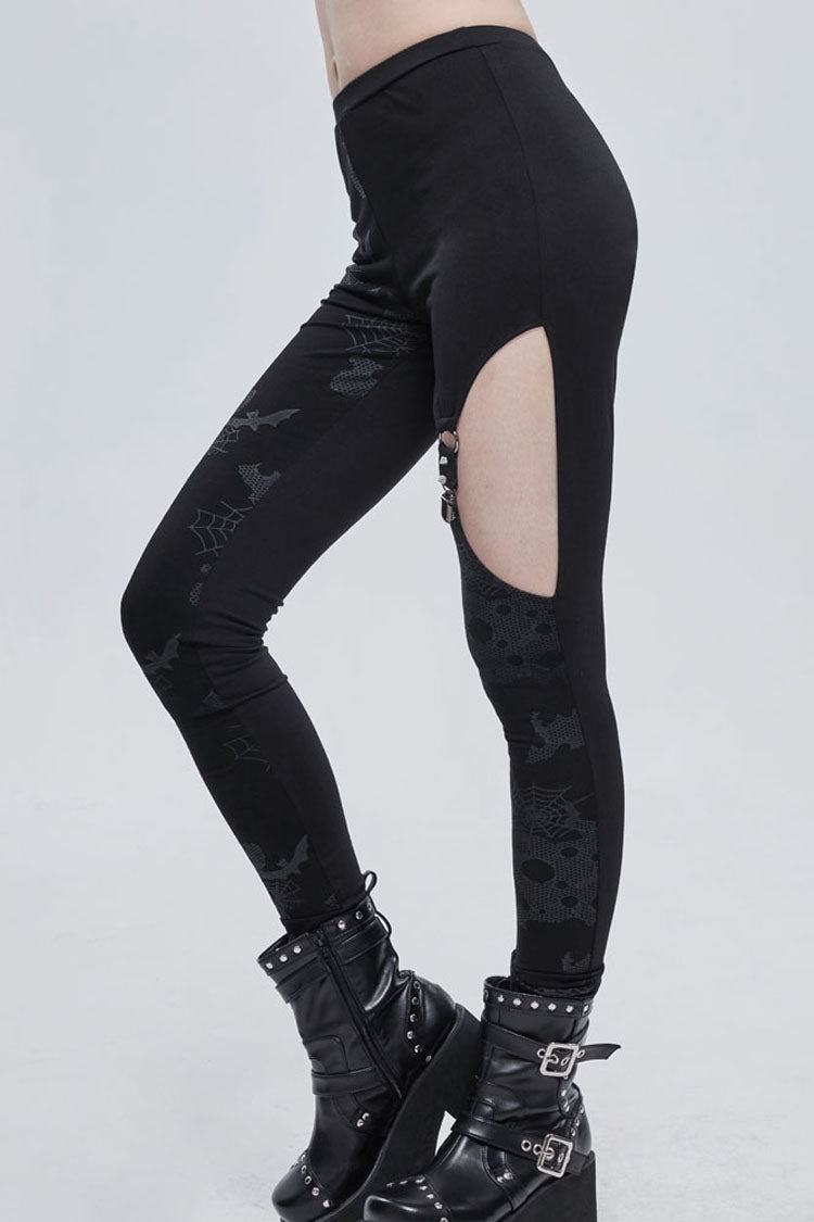 Black Gothic Ripped Spider Web Print Asymmetric Belt Buckle Decoration Women's Leggings - Product - 3
