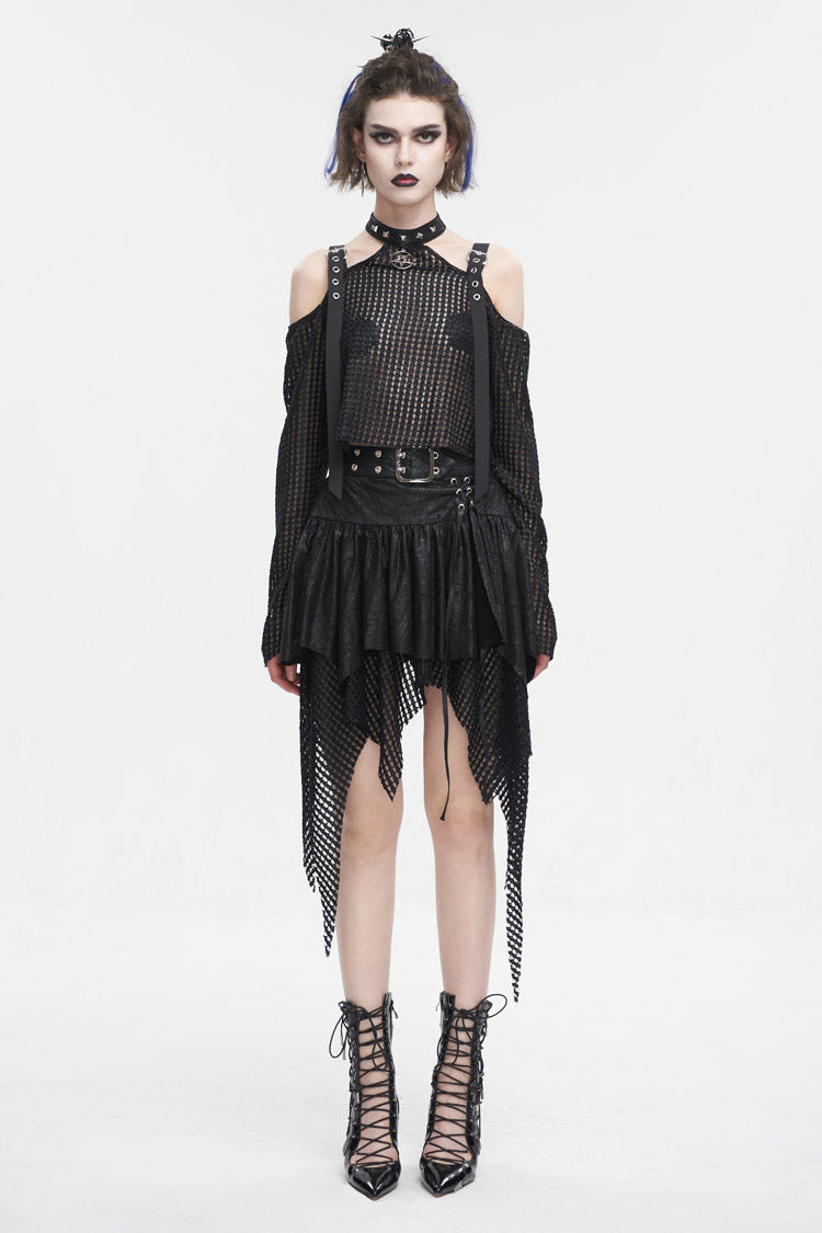Black Off Shoulder Buckle Sheer Crop Women's Punk Shirt - Product - 4