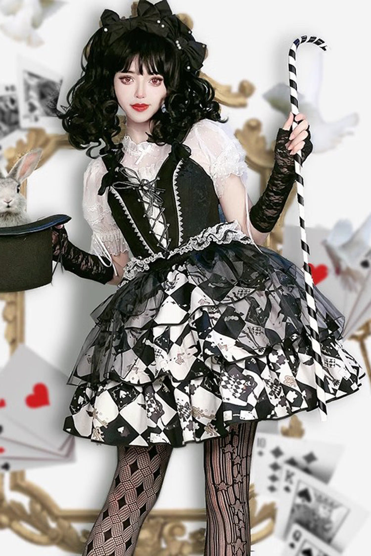 Black/White [Board Games] Triple-Layered Print Ruffle Vintage Lolita Skirt - Black/White - 1