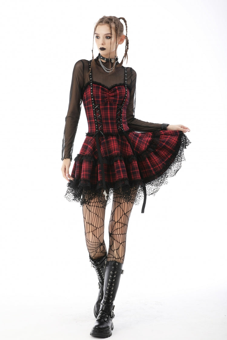 Red Sleeveless Hem Plaid Layered Lace Women's Punk Mini Strap Dress - Product - 5