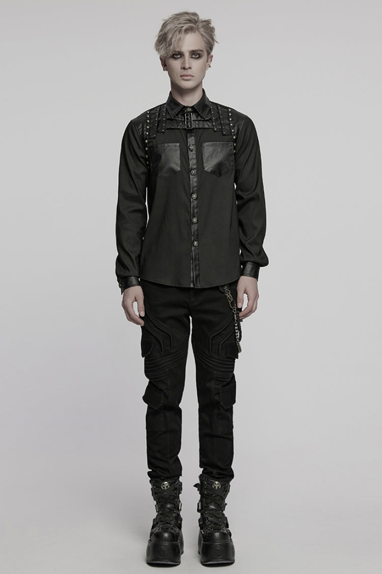 Black Lapel Collar Long Sleeves Faux Leather Stitching Buckle Men's Punk Blouse - Product - 4