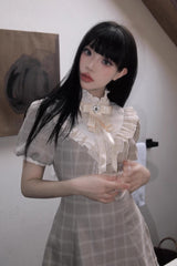 Apricot Short Sleeves Plaid Printed Lace Jirai Kei Japanese Dress - Product - 4