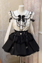 Black/White Doll Collar Long Sleeves Ruffled Bow Sweet Jirai Kei Skirt Set - Black/White - 1