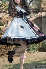 Black/White Navy Collar Short Sleeves Strawberry Bear Print Ruffled Hem Sweet Lolita Dress - Black/White - 1