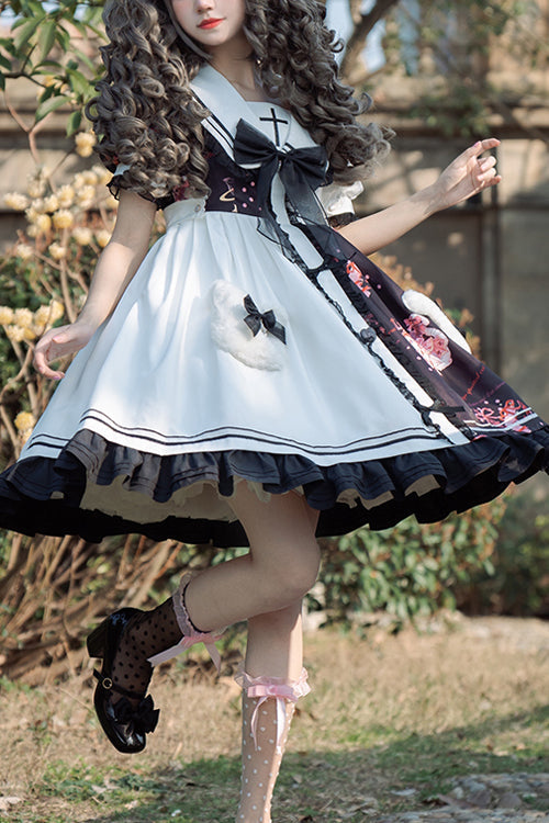 Black/White Navy Collar Short Sleeves Strawberry Bear Print Ruffled Hem Sweet Lolita Dress - Black/White - 1