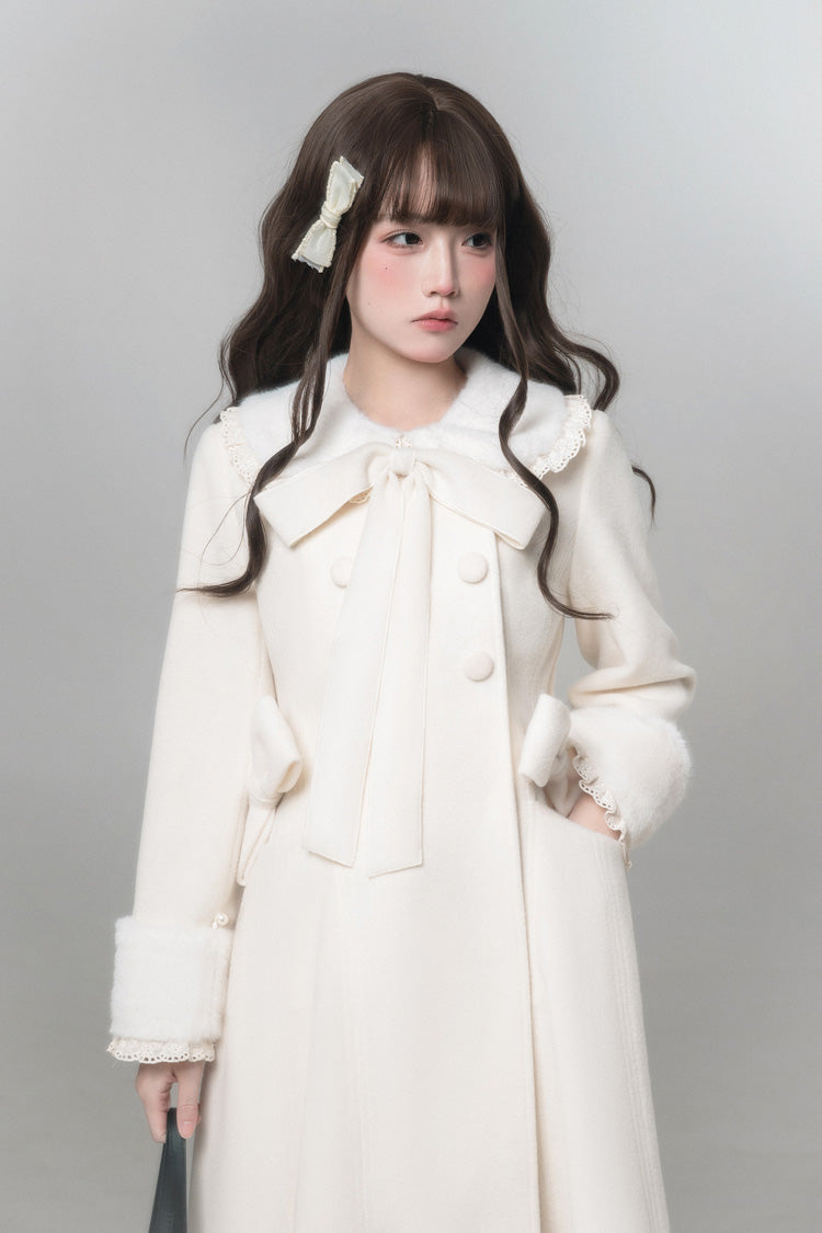 White [First Snow] Doll Collar Long Sleeves Bow Sweet Lolita Coat - Product - 8