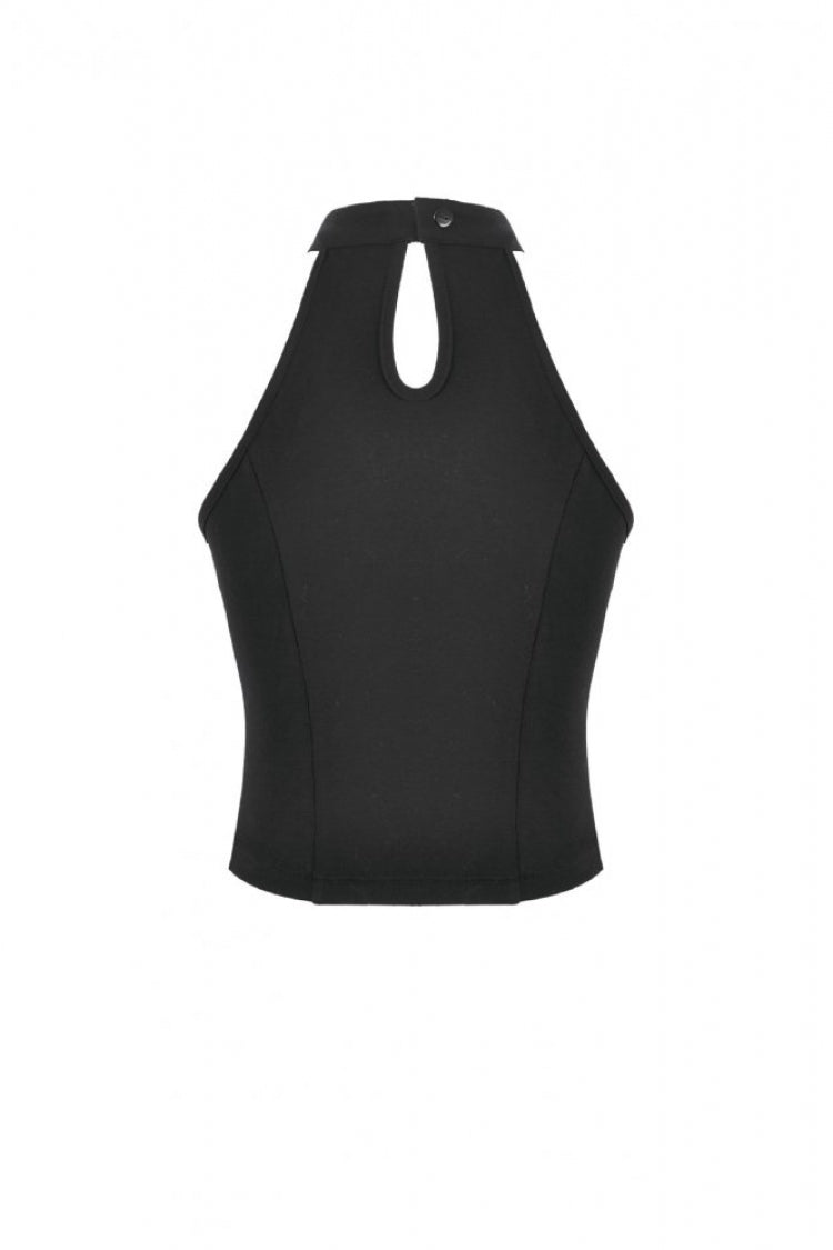 Black Women's Punk Halterneck Cross Double Buckled Waist Mesh Splice Tank Top - Product - 15