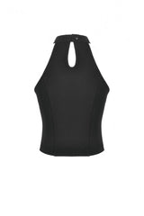Black Women's Punk Halterneck Cross Double Buckled Waist Mesh Splice Tank Top - Product - 15