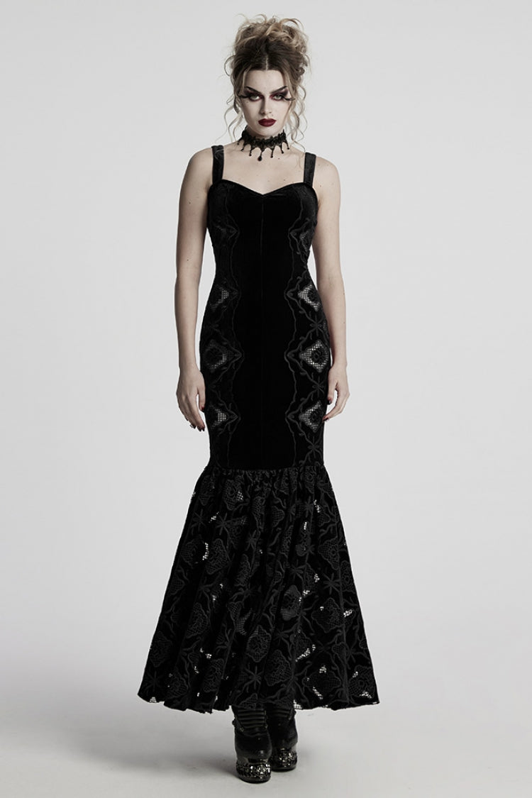 Black Sleeveless Floral Embroidery Women's Gothic Fishtail Slip Dress - Product - 4