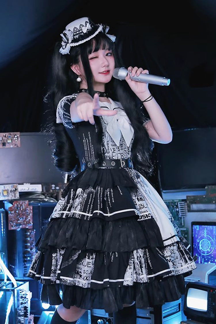 Black Short Sleeves Multi-Layered Print Ruffle Bowknot Asymmetric Punk College Style Lolita Dress - Product - 4
