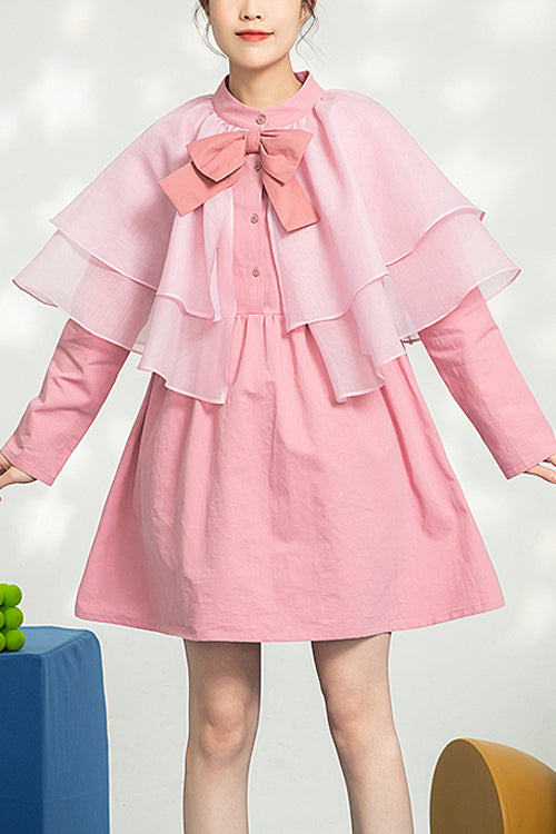 Pink Stand Collar Bow Organza Ruffled Shawl Princess Sweet Lolita OP Dress - Pink - 1