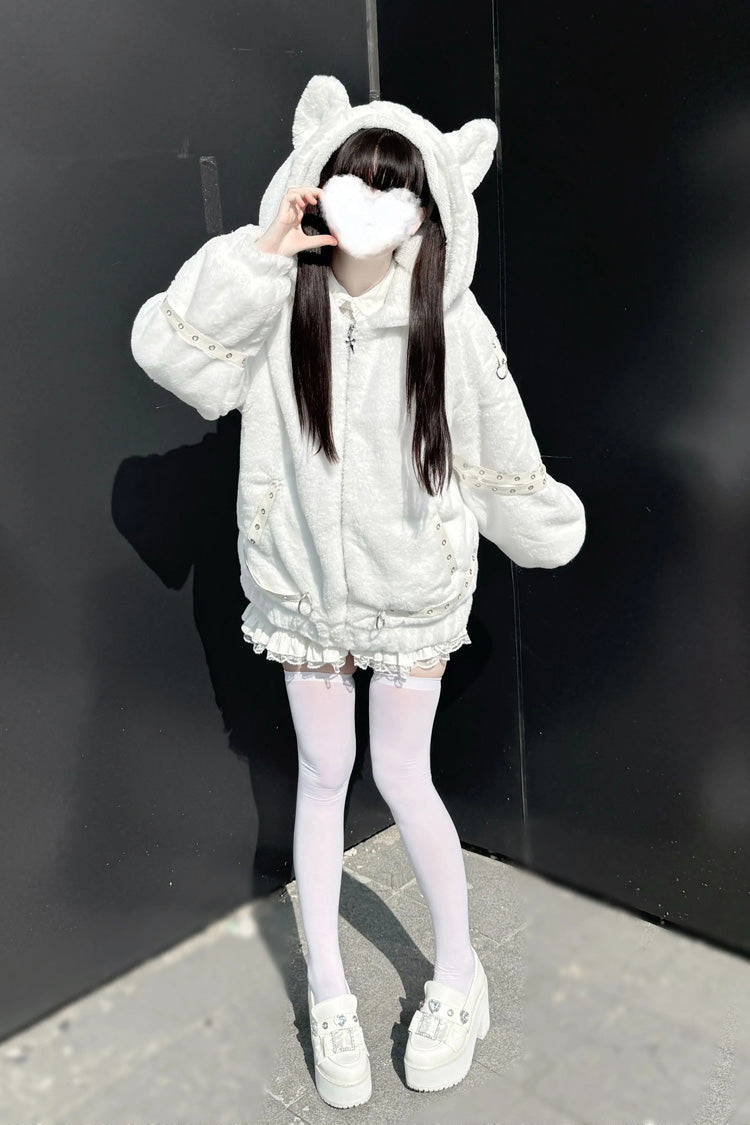 [Night Hunter] Cat Ear Long Sleeves Hooded Zippered Jirai Kei Coat 2 Colors - Product - 7