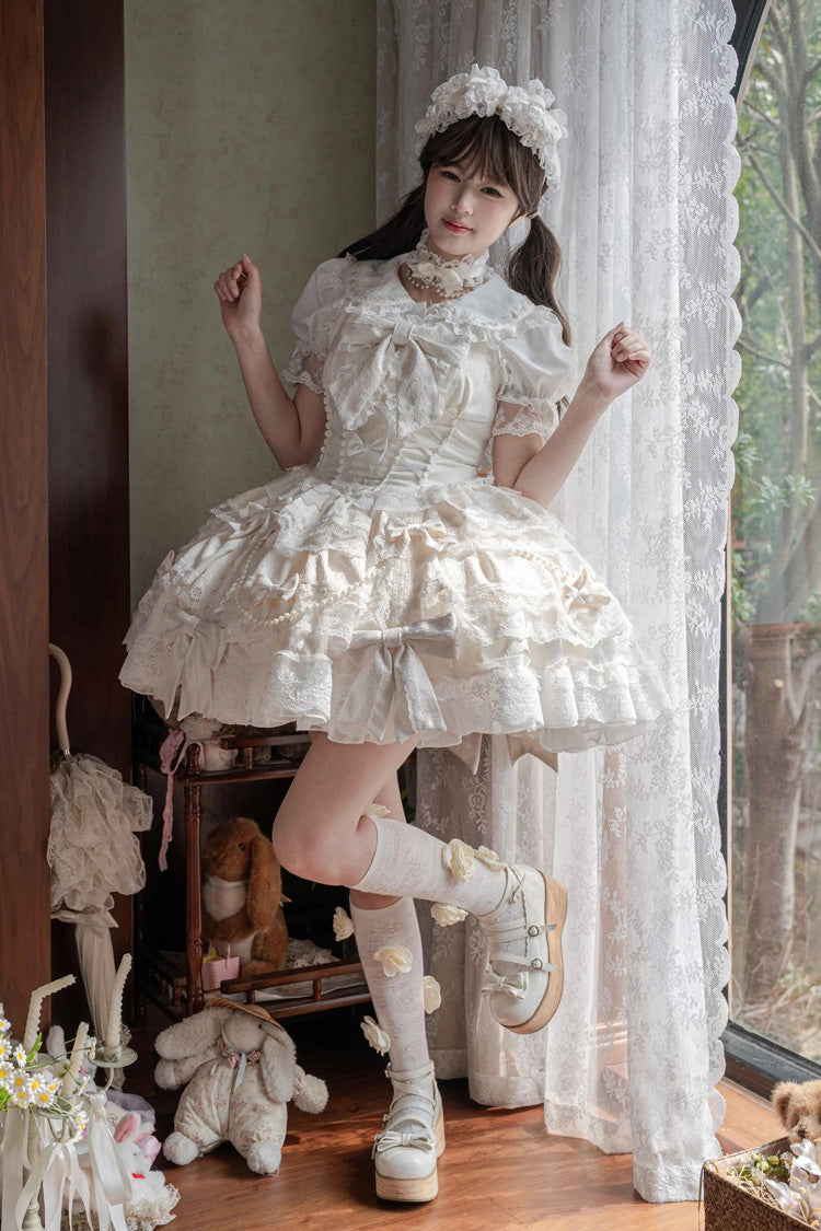 Ivory [Small Cakes] Sleeveless Multi-Layered Ruffle Bowknot Lace Sweet Lolita Jsk Dress - Product - 3