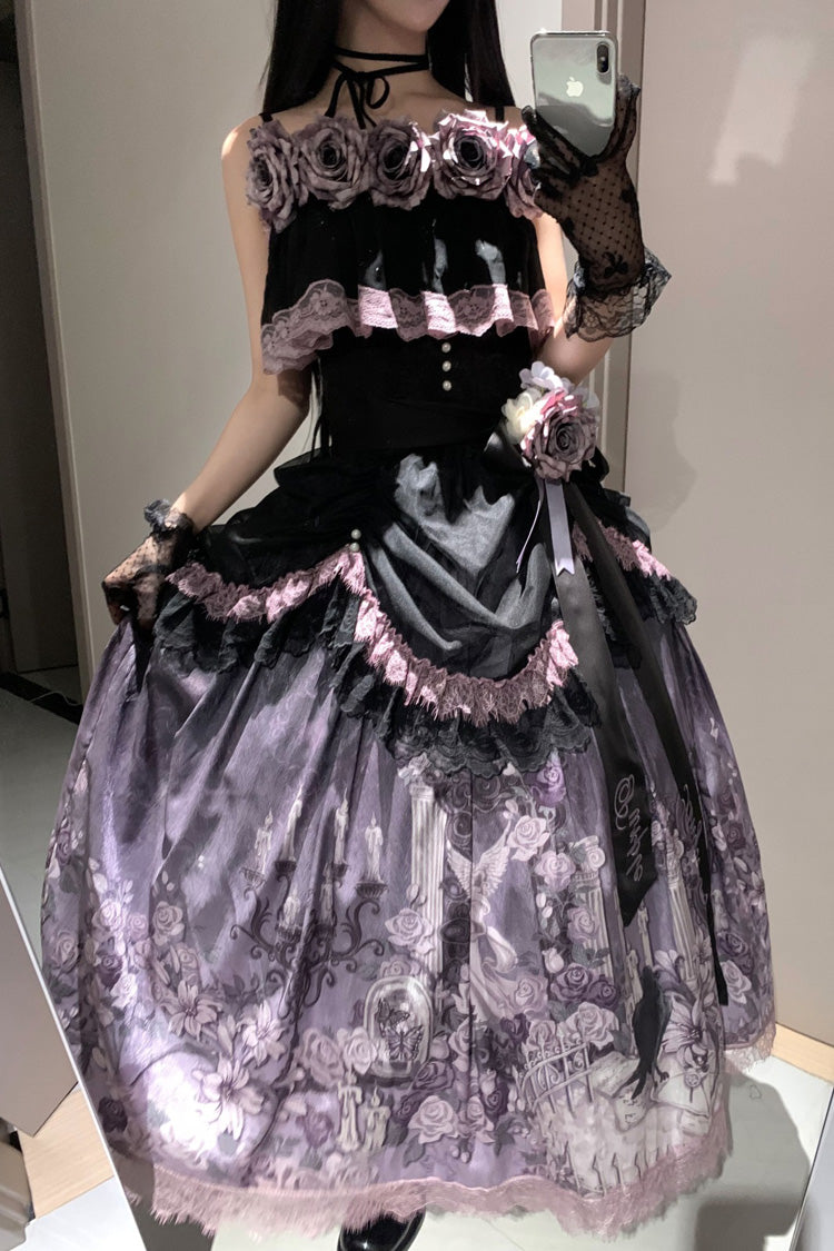Black/Purple [Angel Garden] Sleeveless Print Ruffle Bowknot Lace Sweet Gothic Lolita Skirt Set - Product - 14