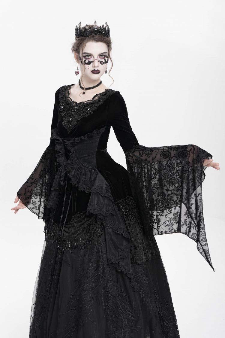 Black Long Sleeves Lace-Up Beaded Pleated Women's Gothic Blouse - Product - 11