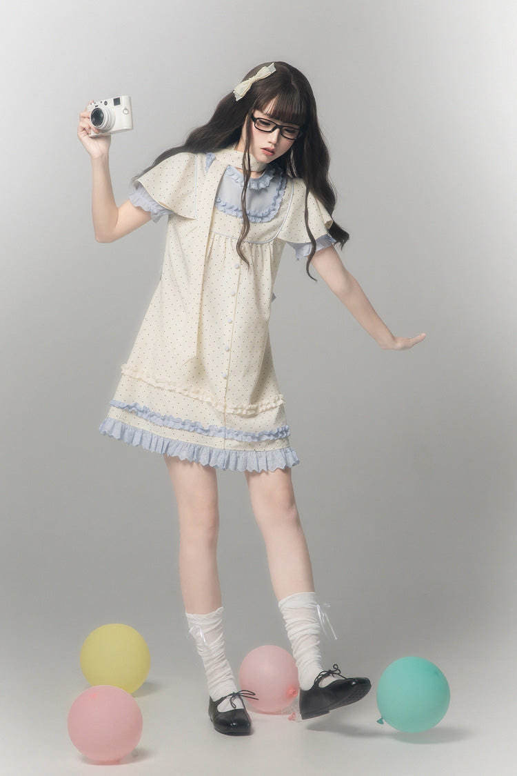 Aqua [Polka Dot Bouclé] Round Collar Long Sleeves Printed Ruffled Faux Two-Piece Sweet Japanese Lolita Dress - Product - 6