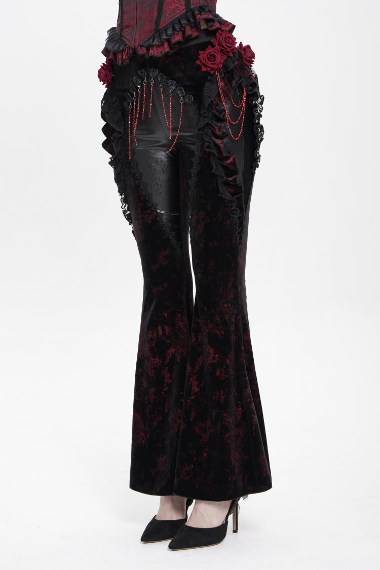 Black/Red  Ruffled Spliced Women's Gothic Floral Faux Leather&Velvet Ruffle Pants - Product - 9