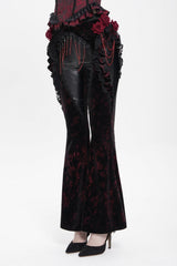 Black/Red  Ruffled Spliced Women's Gothic Floral Faux Leather&Velvet Ruffle Pants - Product - 9