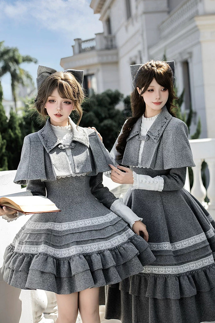 Grey [Letters and Poems · Old Memories] Stand Collar Long Sleeves Double-Layered Ruffled Bow Classic Elegant Lolita Dress 2 Versions - Product - 6